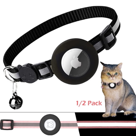 HOMEYA 2 Pack AirTag Cat Collar Reflective Air Tag Dog Pet Collar with Bell Breakaway Safety, Black+Pink