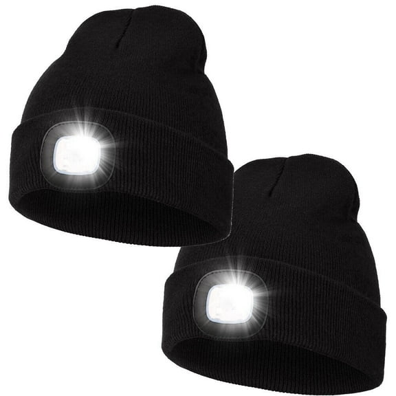 HOMEYA 2 Packs Winter Fleece Lined LED Beanie,USB Rechargeable Hand Free Warm Hat with Light Built in,Gifts for Men Women,Black Black
