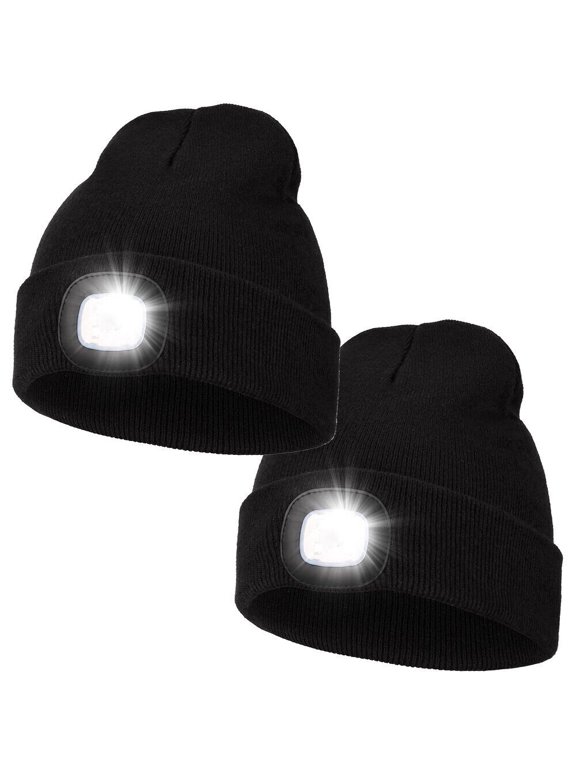 2 Packs Winter Fleece Lined LED Beanie,USB Rechargeable Hand Free Warm Hat with Light Built in,Gifts for Men Women,Black+Black