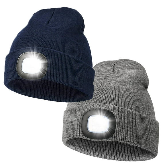 HOMEYA 2 Packs Winter Fleece Lined LED Beanie,USB Rechargeable Hand Free Warm Hat with Light Built in,Gifts for Men Women,Navy Blue Gray