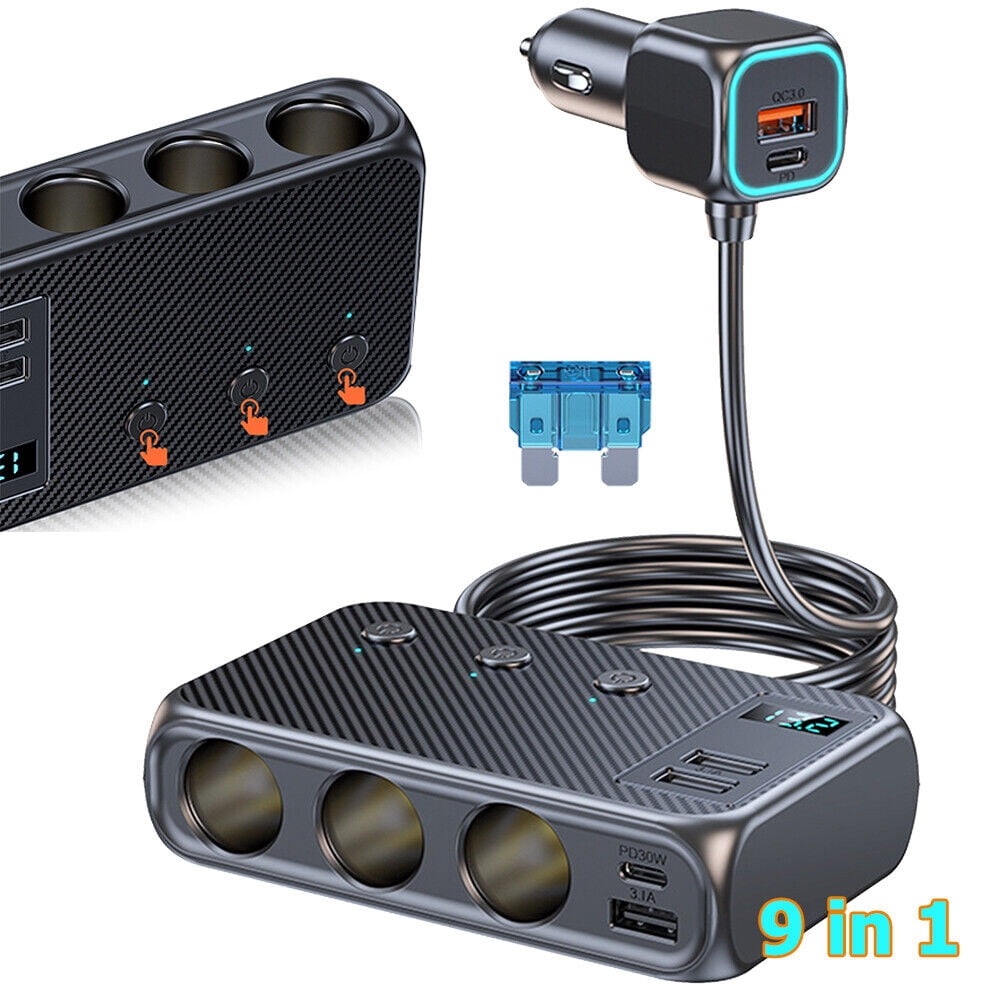 HOMEYA 3 Socket Car Cigarette Lighter Adapter, 171W PD & QC 3.0 Fast USB Car Charger 12V/24V 3-Socket Power Splitter DC Outlet with Individual Switches for All Car Devices