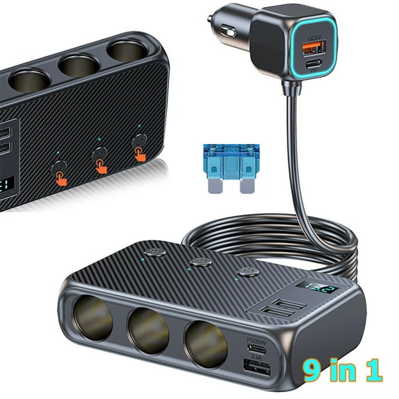 HOMEYA 3 Socket Car Cigarette Lighter Adapter, 171W PD & QC 3.0 Fast USB Car Charger 12V/24V 3-Socket Power Splitter DC Outlet with Individual Switches for All Car Devices