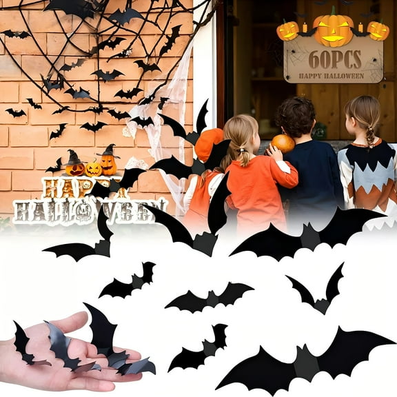 HOMEYA 60Pcs Halloween 3D Bat PVC Wall Sticker Realistic Scary Party Home Window Decor