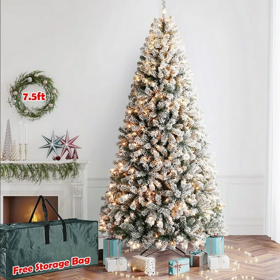 HOMEYA 7.5ft Pre-Lit Artificial Snow Flocked Christmas Pine Tree with 500 Warm White Lights, Metal Hinged and Storage Bag