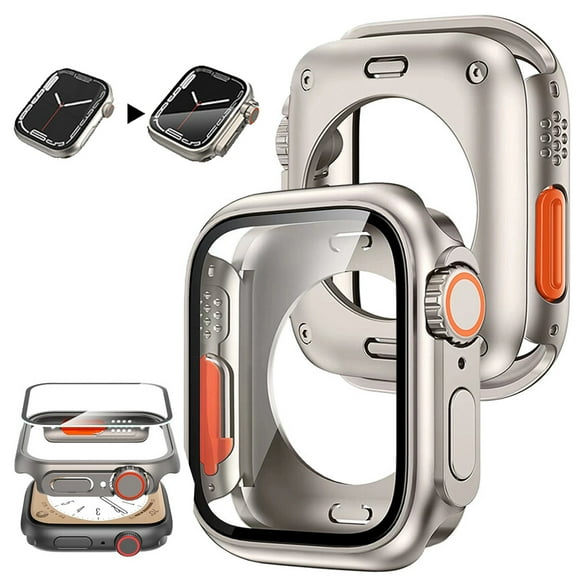 HOMEYA Bumper Case Compatible for Apple Watch 44mm Series 6/5/4/SE/SE2 Protector, [Turn into Ultra Seamlessly] Rugged Bumper with Back Cover & Tempered Glass Film, Titanium