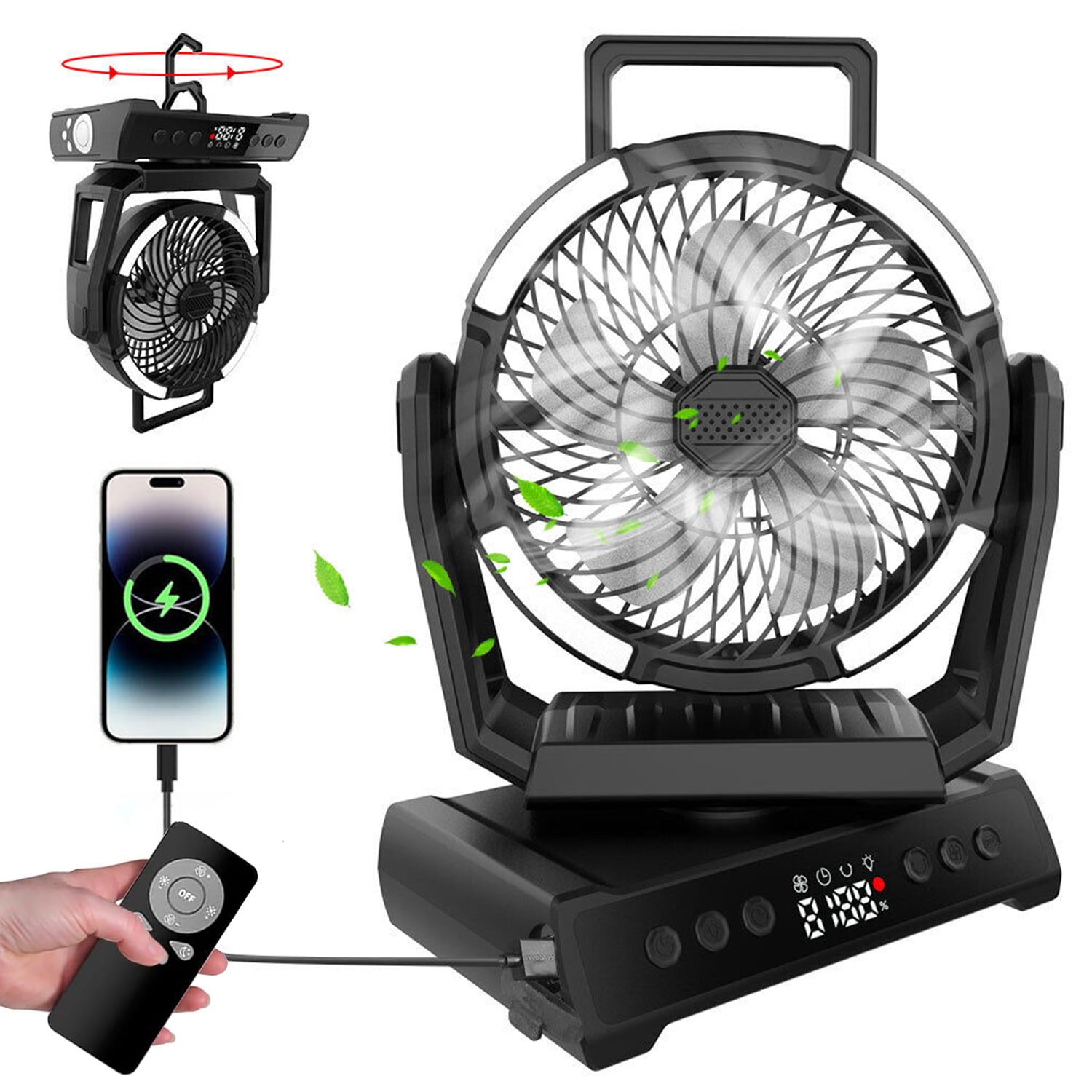 HOMEYA Camping Fan with LED Lights, 20000mAh Portable Battery Operated Outdoor Fan, 9 Speed Rechargeable Desk Fan for Travel, Hiking, Fishing, Picnic