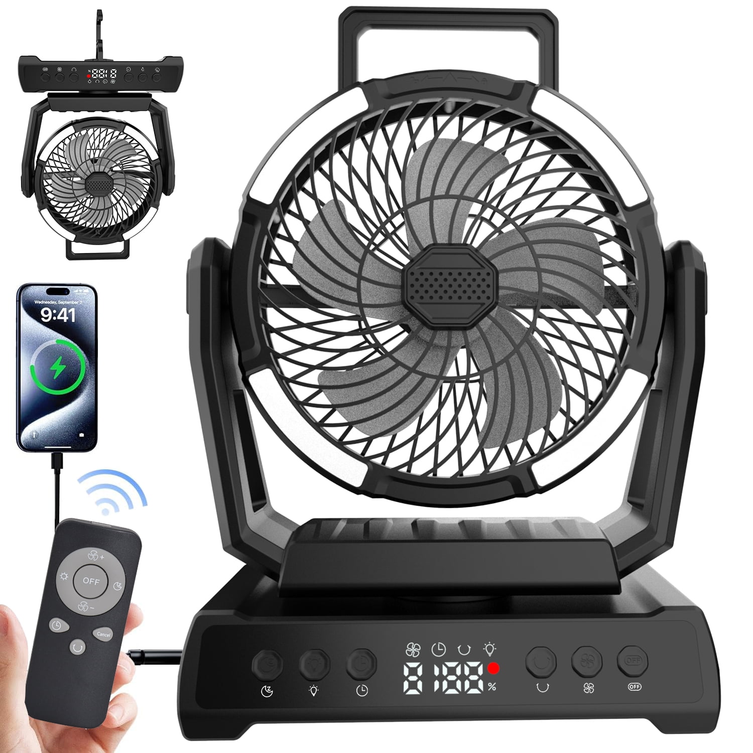 HOMEYA Camping Fan with Led Light,20000mAH Rechargeable Battery Powered Outdoor Tent Fans,Remote Control Timer Portable Fan Desk Fan