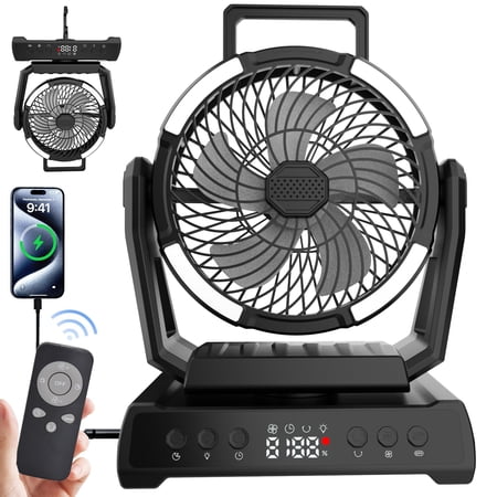 HOMEYA Camping Fan with Led Light,20000mAH Rechargeable Battery Powered Outdoor Tent Fans,Remote Control Timer Portable Fan Desk Fan