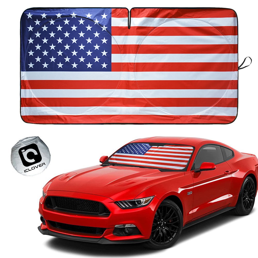 HOMEYA Car Sun Shade Foldable Windshield Cover Shield Sun Visor UV Block, Fits Truck Van SUV, with American Flag Printing USA Patriotic Design