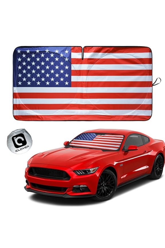 Car Sun Shade Foldable Windshield Cover Shield Sun Visor UV Block, Fits Truck Van SUV, with American Flag Printing USA Patriotic Design