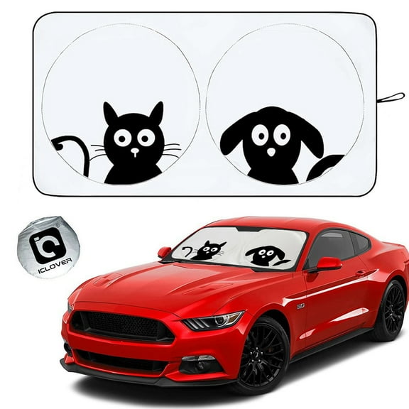 HOMEYA Car Sun Shade Foldable Windshield Cover Shield Sun Visor UV Block, Fits Truck Van SUV, with Cat & Dog Printing Cute Design