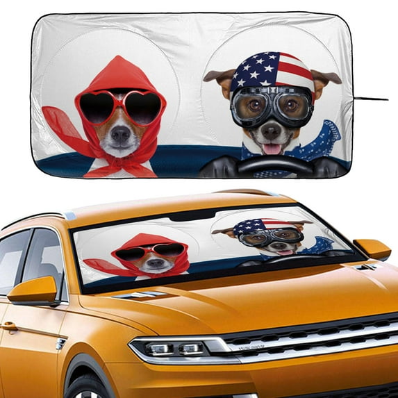 HOMEYA Car Windshield Sunshade Cover Visor, Foldable Front Window Sun Shade for Most Car SUVs and Trucks, Keep Vehicle Cool, Two Dogs Printing