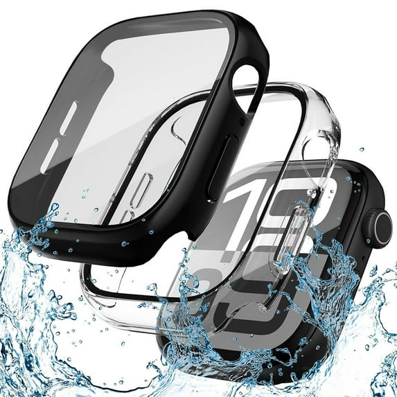 HOMEYA Compatible with Apple Watch Series 10 46mm Waterproof Hard Case with Tempered Glass, Ultra-Thin Protective Cover for iWatch Screen Protector, Black