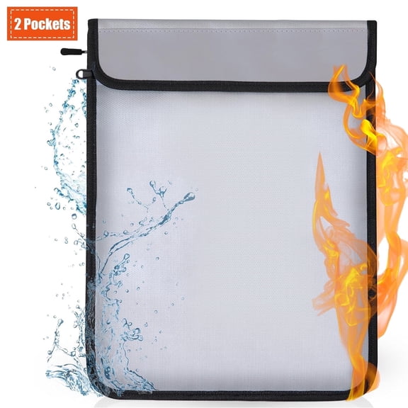 HOMEYA Fireproof Waterproof Document Bag (2000 ), 11"x15" Fire Proof Money Bag with Zipper, 2 Pockets Fire Safe Pouches for Cash Passport, Gray