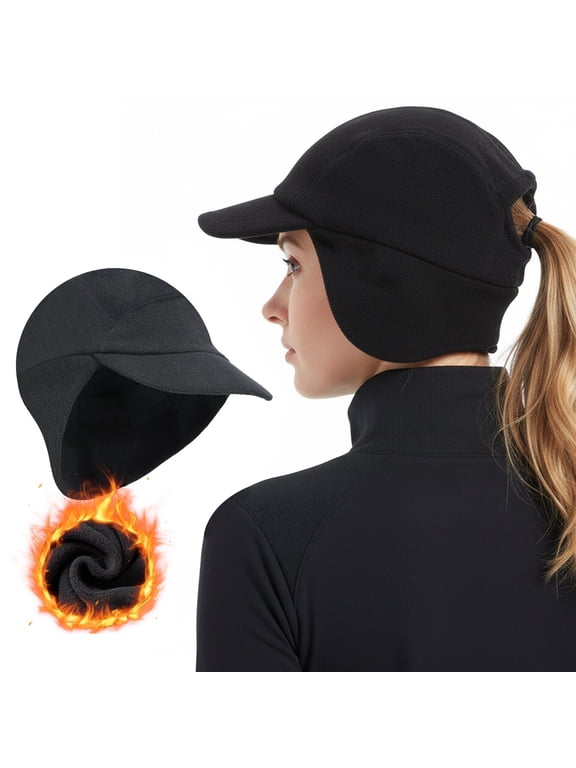 Fleece Ponytail Winter Hats for Women Baseball Cap with Drop Down Ear Warmer - Black