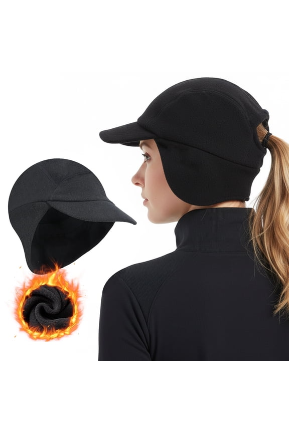 Fleece Ponytail Winter Hats for Women Baseball Cap with Drop Down Ear Warmer - Black