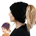 thumbnail image 1 of HOMEYA High Messy Bun Beanie Hat with Ponytail Hole Winter Warm Knit Soft Ski Skull Cap, Black, 1 of 8