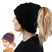 HOMEYA High Messy Bun Beanie Hat with Ponytail Hole Winter Warm Knit Soft Ski Skull Cap, Black