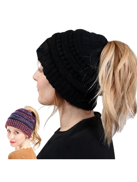 High Messy Bun Beanie Hat with Ponytail Hole Winter Warm Knit Soft Ski Skull Cap, Black