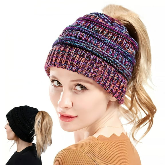 HOMEYA High Messy Bun Beanie Hat with Ponytail Hole Winter Warm Knit Soft Ski Skull Cap, Multicolor