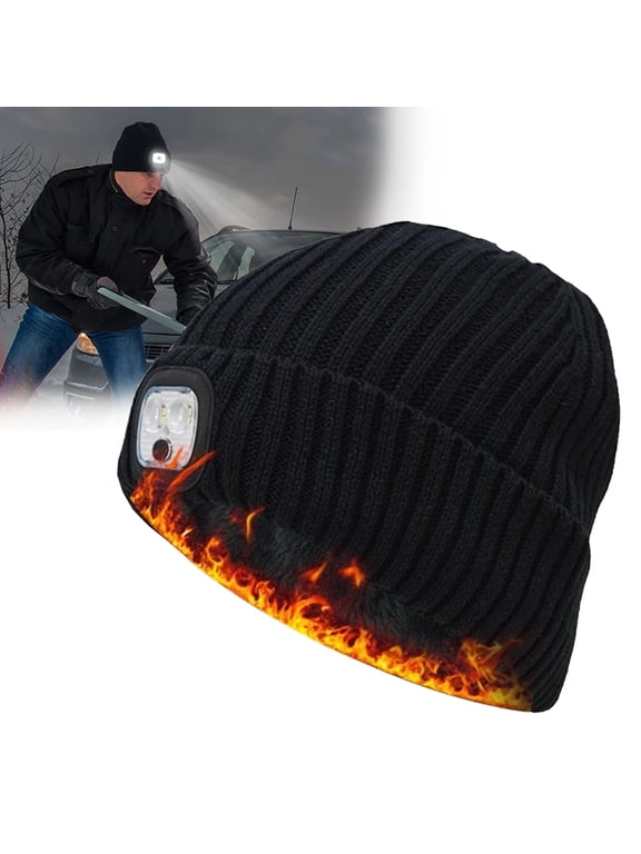 Mens LED Beanie Fleece Lined Winter Hats, USB Rechargeable Warm Knited Cuffed Hat with Light Built in, Black