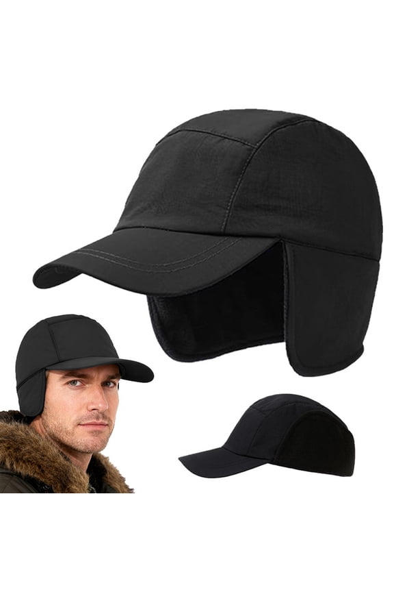 Mens Women Fleece Thermal Baseball Cap with Visor Ear Flaps Winter Sports Hats, Black