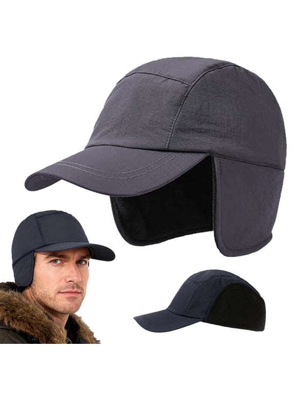 Mens Women Fleece Thermal Baseball Cap with Visor Ear Flaps Winter Sports Hats, Gray