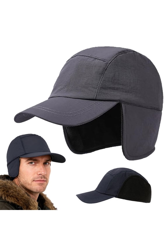Mens Women Fleece Thermal Baseball Cap with Visor Ear Flaps Winter Sports Hats, Gray