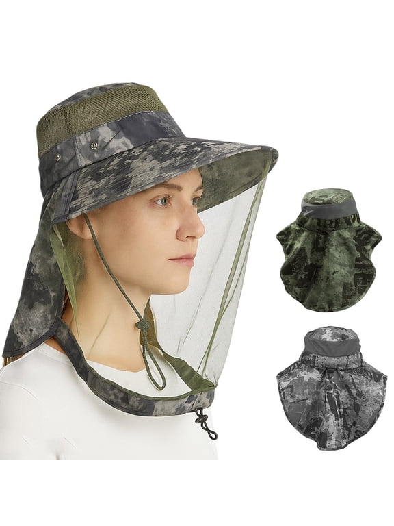 Mosquito Head Net Hat with Neck Flap Wide Brim Sun Hat Outdoor Hiking Gardening Fishing, Green Camouflage