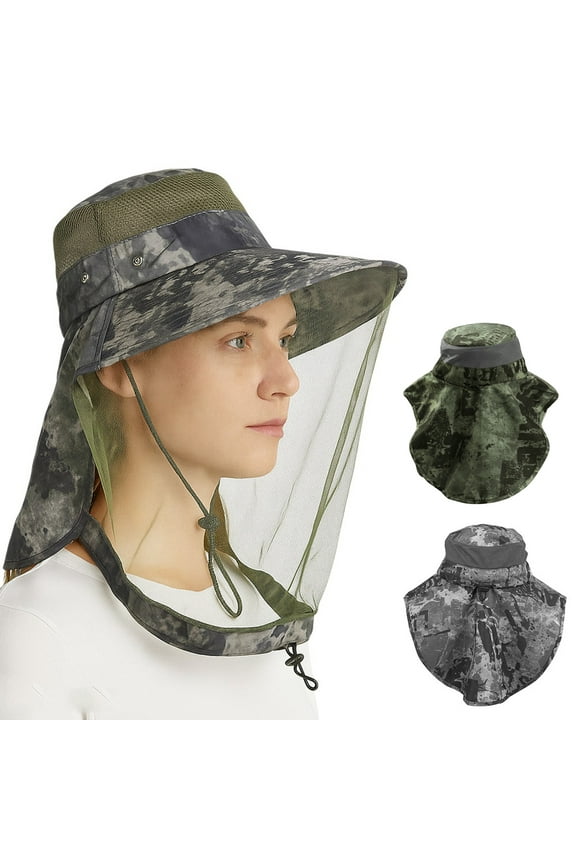 Mosquito Head Net Hat with Neck Flap Wide Brim Sun Hat Outdoor Hiking Gardening Fishing, Green Camouflage