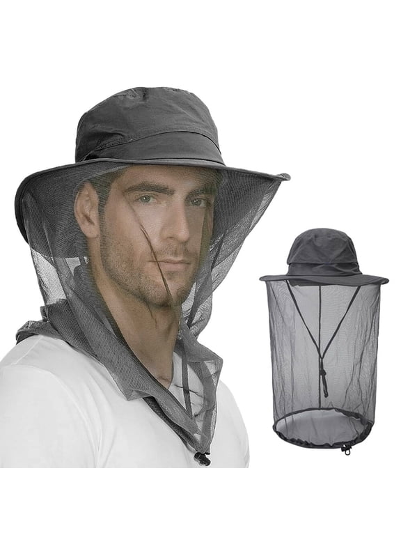Mosquito Mesh Sun Hat with Head Net Outdoor Wide Brim, Bee Bug Protection for Fishing Hiking Gardening