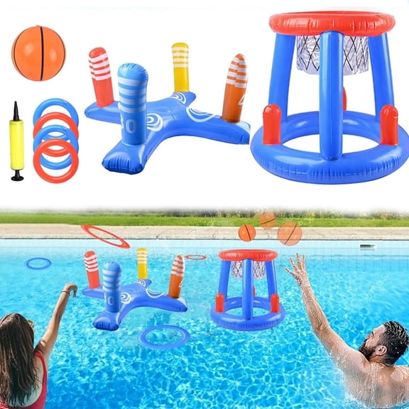 HOMEYA Pool Toys Games, Inflatable Basketball Hoop Ring Toss Game Set Pool Floats for Teens Adult (2-Piece Set)