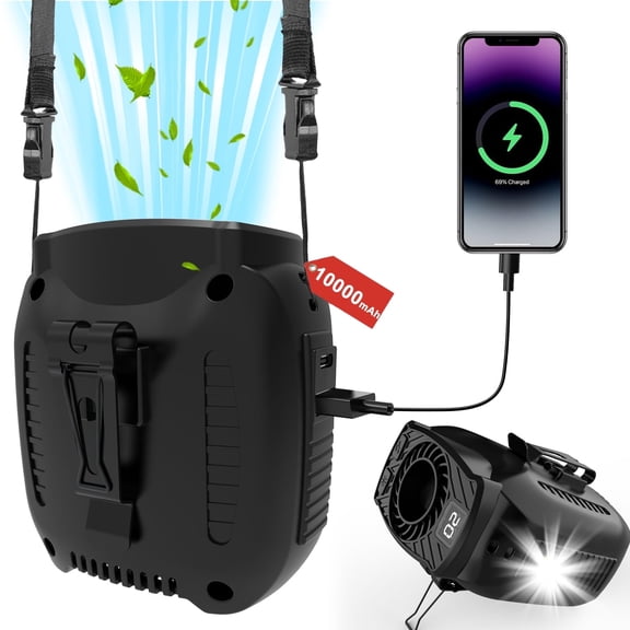 HOMEYA Portable Waist Fan, 10000mAh Rechargeable Clip on Belt Personal Fan, 5 Speeds Wearable Shirt Cooling Fan for Outdoor Workers Camping Travel