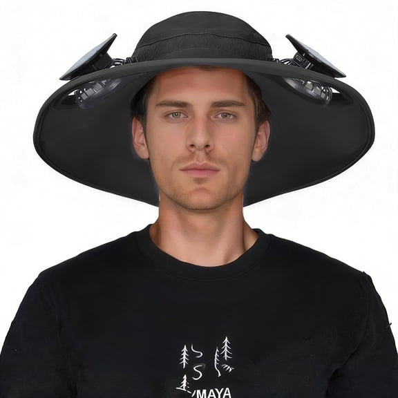 HOMEYA Solar Fan Sun Hat, Wide Brim Outdoor Camping Fishing Hat with 2 Fans, 3 Speeds Adjustable for Men Women - Black