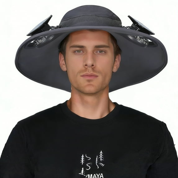 HOMEYA Solar Fan Sun Hat, Wide Brim Outdoor Camping Fishing Hat with 2 Fans, 3 Speeds Adjustable for Men Women - Dark Gray