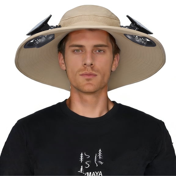HOMEYA Solar Fan Sun Hat, Wide Brim Outdoor Camping Fishing Hat with 2 Fans, 3 Speeds Adjustable for Men Women - Khaki