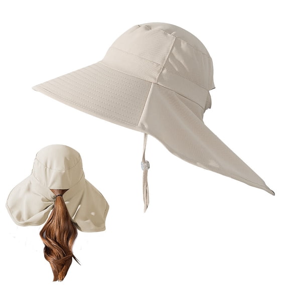 HOMEYA Sun Hat with Neck Flap for Women,Outdoor UV Protection Ponytail Wide Brim Bucket Hats,Foldable Summer Beach Fishing Hat for Hiking Gardening,Beige