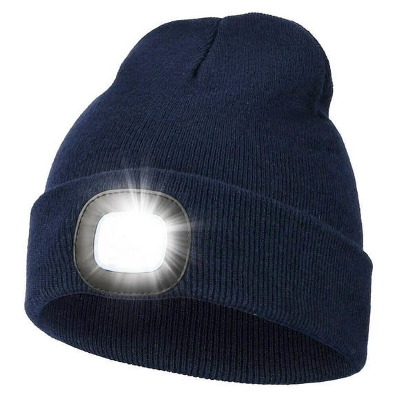 HOMEYA Winter Fleece Lined LED Beanie,USB Rechargeable Hand Free Warm Hat with Light Built in,Gifts for Men Women,Navy Blue
