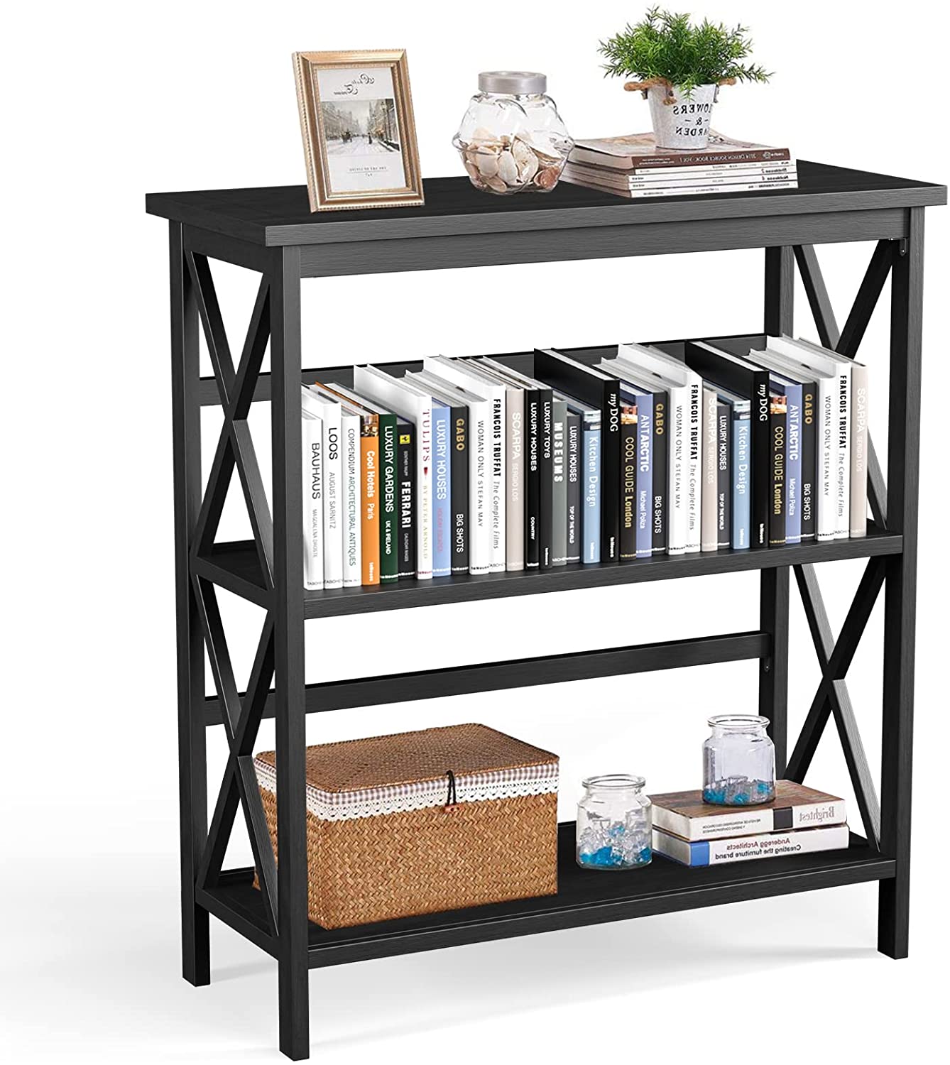 HOMEZY 3-Tier Bookcase and Bookshelf, Wooden Open Shelf Bookcase, X-Design Etagere Bookshelf for Home Living Room Office, Multi-Functional Storage Shelf Units for Collection (Black)