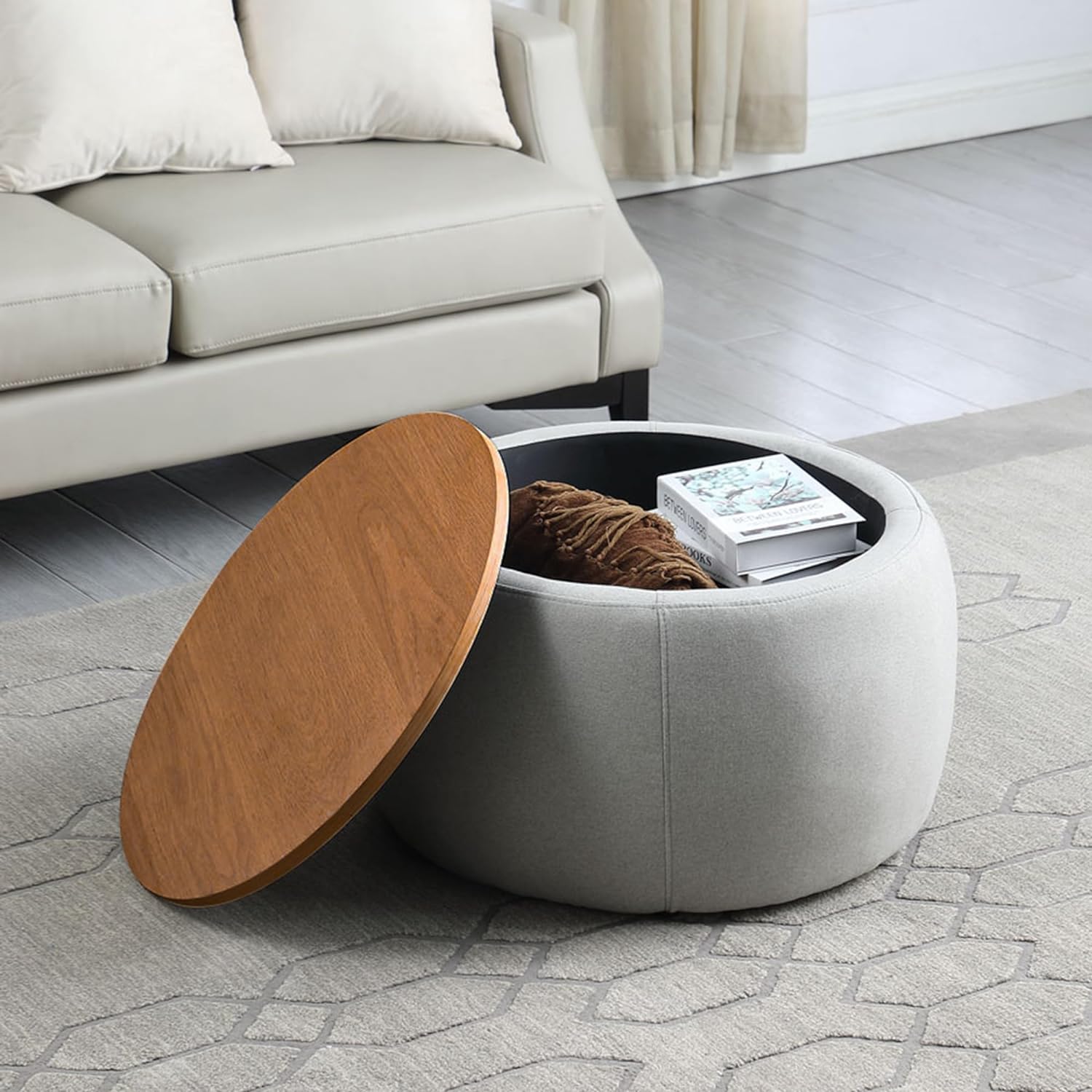 HOMEZY Ottoman with Storage Round Coffee Table for Living Room with ...
