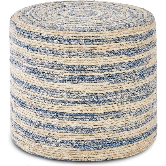 HOMEZY-US 18'' Ottoman Pouf, Natural Braided Poof, Rustic Handweave Lounge Pouffe, Boho Footrest Stool for Bedroom, Accent Table for Living Room (Blue Corn Husk)
