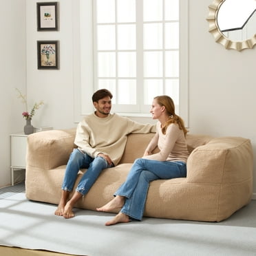HOMGUAVA Oversized Bean Bag Chair for Adults & Teens, Giant Large Loveseat Bean Bag Chair Couch, Cozy Bedroom Comfy Chair Puffy Lazy Sofa with Soft Plush Sherpa Teddy Cover, Khaki