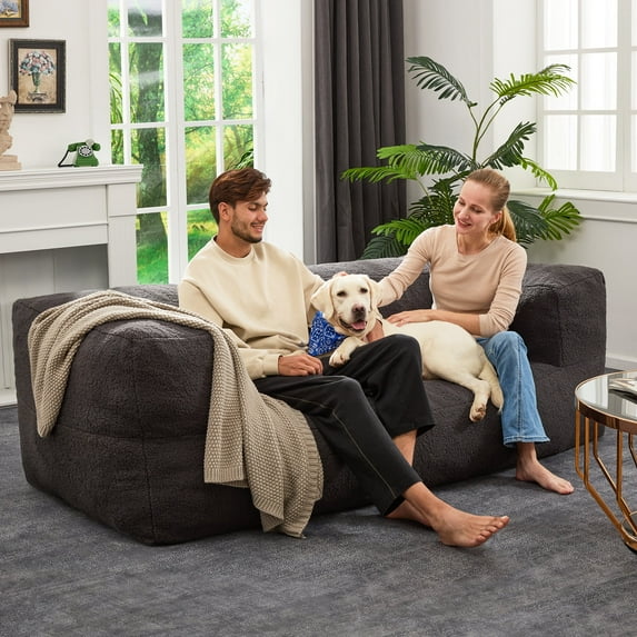 HOMGUAVA Oversized Bean Bag Chair for Adults & Teens, Giant Large Loveseat Bean Bag Chair Couch, Cozy Bedroom Comfy Chair Puffy Lazy Sofa with Soft Plush Sherpa Teddy Cover, Dark Gray