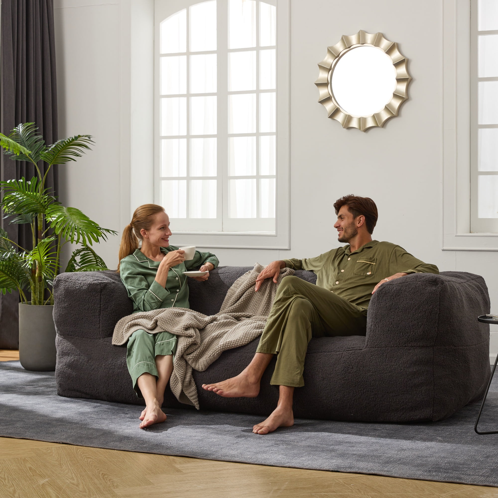 HOMGUAVA Oversized Bean Bag Chair Sofa for Adults, Giant Beanbag Couch, Comfy Chair Lazy Sofa with Soft Sherpa Teddy Cover, Dark Gray