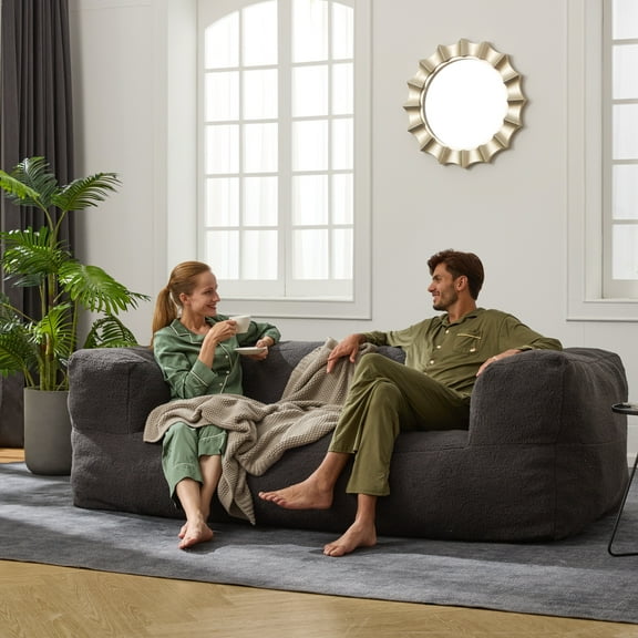 HOMGUAVA Oversized Bean Bag Chair Sofa for Adults, Giant Beanbag Couch, Comfy Chair Lazy Sofa with Soft Sherpa Teddy Cover, Dark Gray