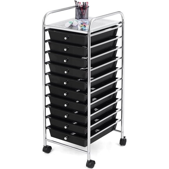 HOMGX 10 Drawer Storage Organizer Cart, 10 Tiers Multicolor Storage Trolley, Storage Drawer Bin Carts, File & Debris Storage Mobile Cart, Rolling Organizer Cart for Office/School/Home (Black)