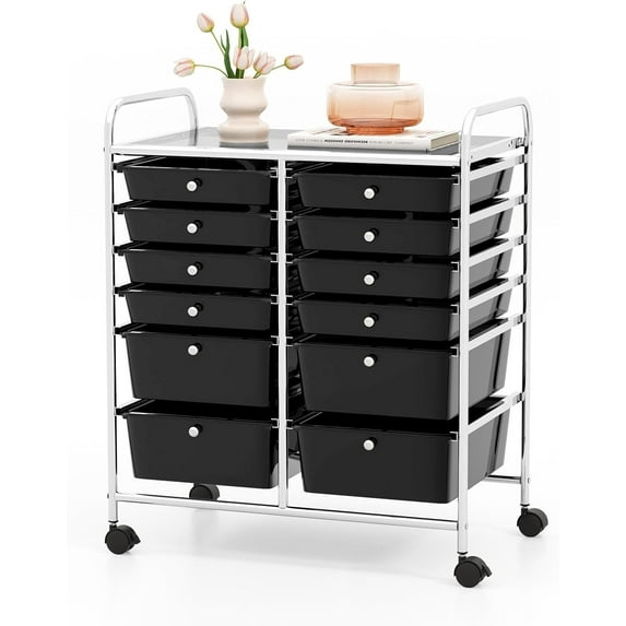 HOMGX 12 Drawer Rolling Storage Cart, Mobile Organizer Cart with Metal Shelf, Lockable Wheels & 2 Size Drawers, Scrapbook Paper Organizer for School, Office & Beauty Salon (Black)