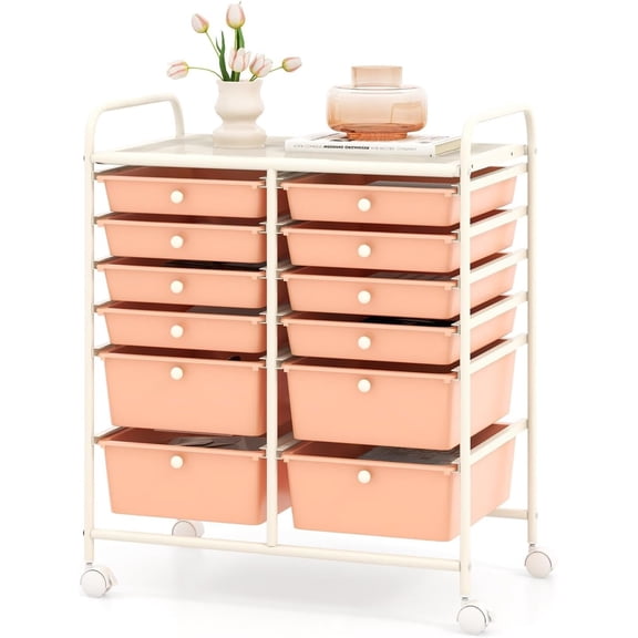 HOMGX 12 Drawer Rolling Storage Cart, Mobile Organizer Cart with Metal Shelf, Lockable Wheels & 2 Size Drawers, Scrapbook Paper Organizer for School, Office & Beauty Salon (Peach)