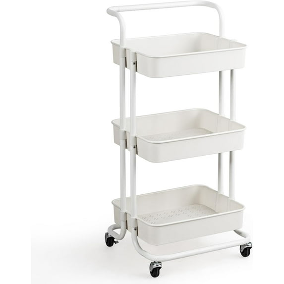 HOMGX 3-Tier Rolling Utility Cart, Mobile Storage Organizer with Lockable Wheels, Mesh Baskets & Handle, Metal Storage Trolley Service Cart for Bathroom/Kitchen/Office, White