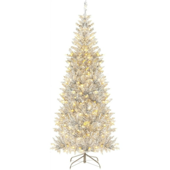 HOMGX 6ft Prelit Pencil Christmas Tree, Silver Tinsel Tree w/ 300 Warm-White LEDs, 790 Tips for Holiday Party Decor Home, New PVC Material, Stunning Hinged Slim Xmas Tree